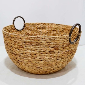 Eco Water Hyacinth Woven Storage Basket Organizer Bin with Metal Ring Handles - Product Image 3