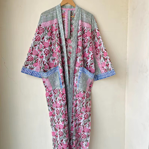 ชุดกิโมโนลายพิมพ์บล็อกการ์ตูนสำหรับผู้หญิง ผ้าฝ้าย 100% ชุดนอนฤดูร้อน ทำมือ ODM คอวี เอวยางยืด ความยาวเต็มตัว/เข่า เนื้อผ้านุ่ม - Product Image 1