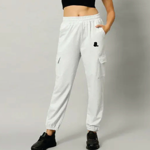 Pantalones Cargo Blancos de Pierna Recta, Cintura Media Elástica con Bolsillos, Color Sólido, Tejido Casual, Largo Completo, Corte Regular - Product Image 1