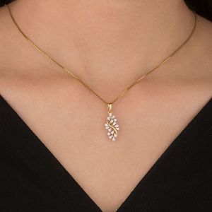 Gold Diamond Leaf Pendant <b>Necklace</b> Nature-Inspired Marquise & Round Cut Diamond Cluster Minimalist Diamond Jewelry - Product Image 1