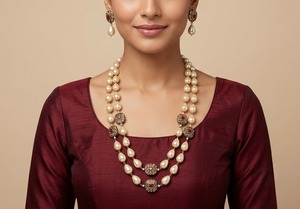 Luxury 2 Layer Pearl Beaded Necklace Set Gold Plated Antique Floral Ruby Stone Statement Jewelry with Matching Earrings - Product Image 2
