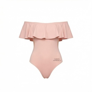 NORTH APPROACH Women Off-The-Shoulder Ruffled One-Piece Swimsuit Solid Pink Stretch Bodysuit - Product Image 1