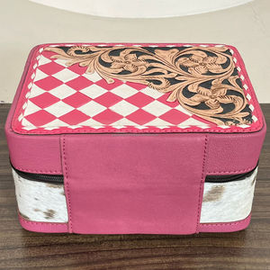 Limited Edition Handmade Western Tooled Cowhide Leather Jewelry Box Checkerboard Cowgirl Travel Ring Storage Case Gift Holder - Product Image 5