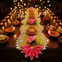 Chemin de table floral Art Déco traditionnel avec fleurs roses et broderies dorées pour la décoration de la maison pour Diwali et les anniversaires