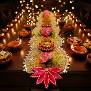 Chemin de table floral traditionnel avec des fleurs roses et des broderies dorées pour la décoration de la maison pendant Diwali - Product Image 3