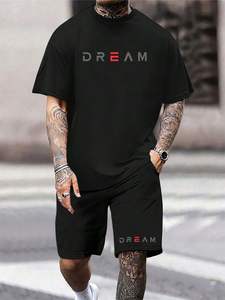 Ensemble t-shirt décontracté à manches courtes et col rond imprimé lettres et short à taille élastiquée pour homme grande taille – Collection été - Product Image 4