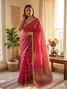 Premium Trending Stretchable Ankle-Length Saree Soft <b>Tissue</b> Silk Weaving Sequins Ribbon Fancy Lace Border Party Reversible - Product Image 2