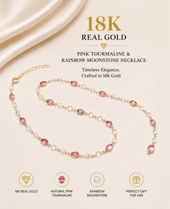 Natural <b>Pink</b> Tourmaline and Rainbow Moonstone Station Necklace in Solid 18K Yellow Gold Bezel Set Pear and Round Gemstone Chain - Product Image 1