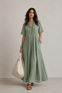 Boho Sage Green V Neck Pleated Flared Linen Blend Maxi <b>Dress</b> Short Sleeve <b>Loose</b> Fit Casual Vintage Summer Beach Women's <b>Dress</b> - Product Image 1