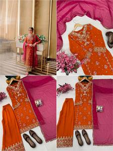 Best Selling Ethnic Wear Embroidered Reversible Quick Dry Work Top Dupatta Set Party Wear Kurta Palazzo Kurti <b>Pant</b> Set - Product Image 5