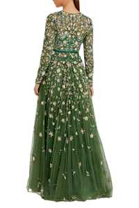 Robe de soirée vert uni asymétrique à sequins en mousseline de soie coupe trapèze avec traîne chapelle longueur ras du sol - Product Image 2