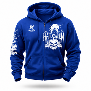 Custom Halloween Zipper Hoodie Unisex Heavyweight Fleece Hooded Jacket Featuring Vintage Ghost <b>Pumpkin</b> <b>Skeleton</b> Artwork OEM ODM - Product Image 2