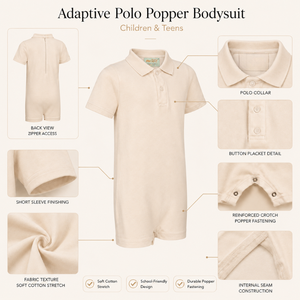 Ivory Polo <b>Popper</b> Bodysuit | Special Kids Sensory <b>Clothing</b> Inclusive Wear Cotton Stretch O-Neck Zipper Closure Unisex Breathable - Product Image 3