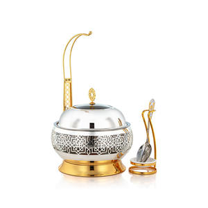 Recipiente para Calentar Comida Tipo Buffet, Redondo, Plateado, Acero Inoxidable con Acabado Espejo, Diseño Árabe, Unidad Individual - Product Image 1