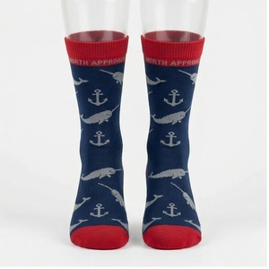 NORTH APPROACH Crew <b>Socks</b> Navy Blue Narwhal Anchor Pattern Red Cuff Breathable Adult Casual Summer <b>Socks</b> - Product Image 1