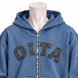 Sweat à capuche zippé pour homme en bleu acier, avec patch en chenille, en molleton épais, coupe oversize, style streetwear décontracté, avec poche kangourou - Product Image 3