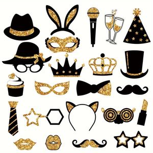 Kit di 24 Accessori per Foto Booth Oro e Nero per Feste di Compleanno, Matrimoni, Lauree, Balli di Fine Anno, Capodanno, Ramadan - Product Image 1