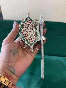 Traditional German Silver Pankhi <b>Hand</b> <b>Fan</b> With Ornate Enamel Design For Thakur Ji Laddu Gopal Accessories Festive Gifting - Product Image 3