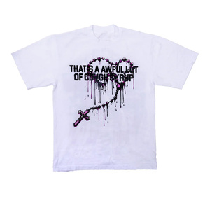 T-shirt da uomo bianca a maniche corte all'ingrosso con stampa artistica religiosa e <span class=keywords><strong>testo</strong></span>, stile streetwear, vestibilità regolare, girocollo - Product Image 2