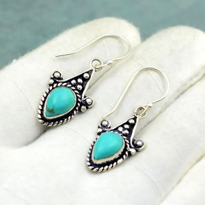 ต่างหูเทอร์ควอยซ์ทำมือ ชุบเงินบนทองเหลือง รูปทรงหยดน้ำ ประดับด้วยหิน ดีไซน์โบโฮ เอธนิค เหมาะสำหรับผู้หญิง เป็นของขวัญ - Product Image 2