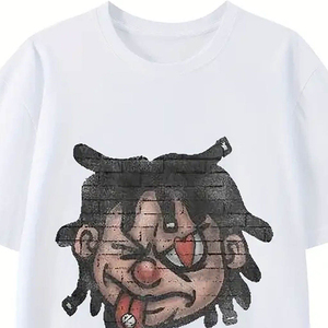T-shirt blanc à manches courtes pour homme, col rond, imprimé visage de dessin animé amusant, style streetwear - Product Image 1