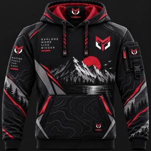Men's Black <b>Red</b> Mountain Print <b>Hoodie</b> Regular Fit Casual Sportswear with Pocket and Logo Design Autumn Wear - Product Image 1