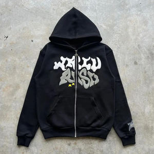 Custom 3D Puff Print Hoodie Women Oversized Cropped Heavyweight 500GSM Fleece Streetwear Acid Wash Zip-Up Pullover Sweatshirt - Product Image 2