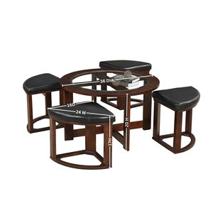 Cylina <b>Solid</b> <b>Wood</b> Round <b>Table</b> Set with 4 Stools Coffee <b>Table</b> and Living Room Furniture Glass <b>Top</b> Elegant Design - Product Image 3