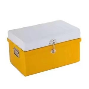 Yellow and White Two Tone Metal Storage Trunk <b>Box</b> Powder Coated Iron Decorative with <b>Chrome</b> Silver Latch Front Lock Center - Product Image 1