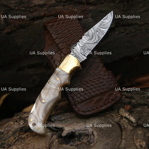 High Quality Damascus Steel Industrial Grade Straight Edge <b>Lock</b> Back Folding Knife Wood Handle Brass Accents Crocodile Pouch - Product Image 5
