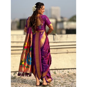 Sari Paithani Nauvari Especial de Seda Suave con Motivos de Polka Tejidos con Hilo Zari Morado para Bodas, Pallu de Pavo Real, Ropa India y Pakistaní - Product Image 2