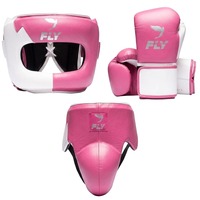 Set de Boxeo Fly White Sky Blue: Guantes de Entrenamiento de Cuero Genuino, Correa Ajustable, Protector de Cabeza y Protector Inguinal para Sparring MMA