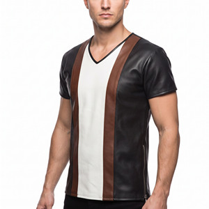 Custom Fit <b>Men</b> Short Sleeve Leather T <b>Shirt</b> <b>Mens</b> Leather V-Neck T-<b>Shirts</b> <b>Men</b> Leather Lightweight Genuine Leather Tee <b>Shirt</b> - Product Image 1