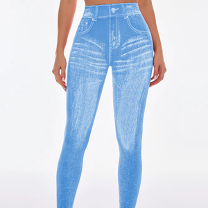 New Women's High Denim Waist Slim Fit Seamless Yoga Pants Stretch Knitted Fitness <b>Leggings</b> Back V-<b>shaped</b> Hip Lifting 2026 - Product Image 2