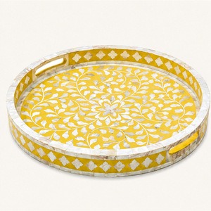 Luxury Yellow Mother of Pearl Inlay Tray Round Wooden <b>Mosaic</b> Serving Platter Floral Resin Decorative Tray with Cutout Handles - Product Image 5