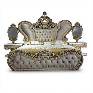 Title: Luxury Royal Button Tufted <b>Bed</b> with Classical Engraved Wooden <b>Frame</b>, <b>Antique</b> Indian Style Bedroom Furniture - Product Image 1