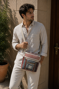 Bolso bandolera tejido con paneles textiles geométricos, bolsillo frontal con cremallera y correa ajustable para bolsos de mano para mujer - Product Image 4