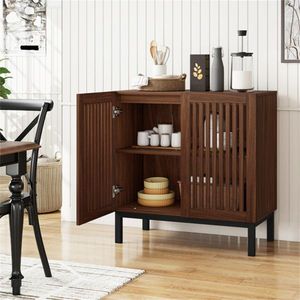 32\" Walnut & Black Farmhouse Buffet <b>Sideboard</b> Cabinet Living Room <b>Storage</b> with 2 Doors and Adjustable Shelf - Product Image 1