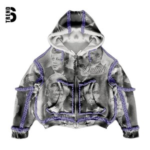 Sudadera con capucha y cremallera para hombre, personalizada OEM, con costuras blancas, 100% algodón, ecológica, transpirable, estilo urbano, talla grande - Product Image 2