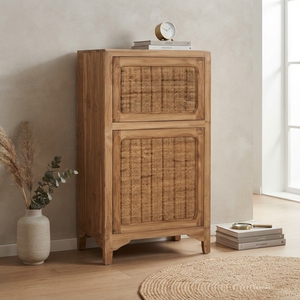 Handcrafted solid wood rattan drawer cabinet standing storage dresser woven mesh door accent organizer <b>side</b> <b>table</b> furniture item - Product Image 5