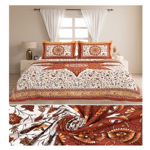 Parure de lit et taies d'oreiller en coton 100% de qualité supérieure, motif floral imprimé à la main au bloc, 300 fils, résistant à la décoloration, toutes saisons - Product Image 1