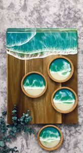 Collection de sous-verres en bois naturel et résine avec incrustation de résine, résistants à la chaleur, faits à la main - Product Image 6