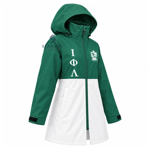 Chaqueta Impermeable con Capucha Verde y Blanca para Mujer de la Hermandad Iota Phi Lambda, Chaqueta Anorak de Manga Larga con Letras Griegas para Exteriores - Product Image 2