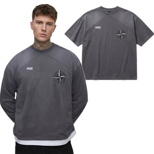 Camiseta Gráfica Raglan Streetwear para Hombre, Algodón Lavado, Camisetas Oversize para Hombre, Camisetas con Bordado de Brújula, Fabricación de Marca - Product Image 1