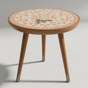 Handcrafted Meenakari Wooden <b>Stool</b> with Floral Mandala Art Traditional Indian Style <b>Round</b> Side Table Decorative Tripod Accent - Product Image 1