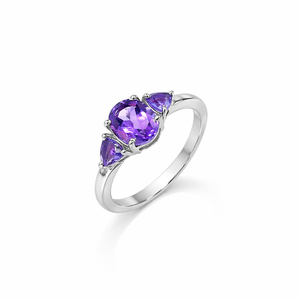 Sterling <b>Silver</b> 925 Amethyst Oval and Trillion Three Stone <b>Ring</b> Prong <b>Set</b> Designer Gemstone Jewelry - Product Image 2