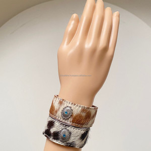 New Turquoise Stone and Genuine Leather Cowhide <b>Cuff</b> Bracelet Western Jewelry Adjustable Snap <b>Hair</b> on Hide <b>Cuff</b> Women's Bracelet - Product Image 5