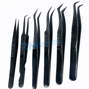 Ensemble de 6 pinces à épiler RMI, pointe lisse, acier inoxydable, revêtement couleur plasma noir, précision, longueur 10 mm - Product Image 6