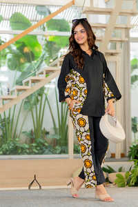 Conjunto de 2 Piezas de Algodón Estampado Informal para Mujer, Ideal para Primavera y Verano, Camisa y Pantalón de Algodón Puro - Product Image 2