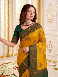 Sari Tradicional Indio de Seda para Mujer, Amarillo y Verde Estampado, para Bodas, Largo hasta el Suelo, Corte Regular, Sin Arrugas, para Adultos - Product Image 4
